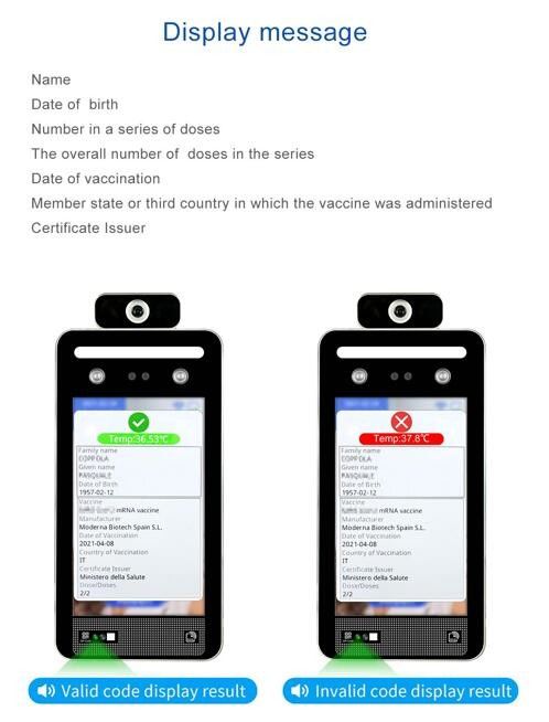 Certificat d'UE DCC de scanner de la température de reconnaissance des visages de passage de vert de Code QR