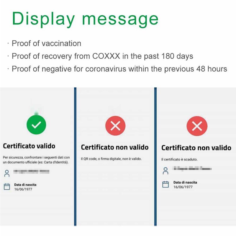 Scanner vert de passage d'Italy Checked Green de lecteur de code de santé d'Eu de passeport de COVID 19 Digital